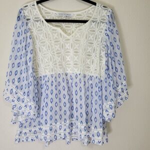 3 / $30 Cupcakes‎ and Cashmere Blouse Lace Sheer Bell Sleeve Top Blue Medium